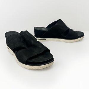 EILEEN FISHER Leather Slides Sandals Wedge In Black